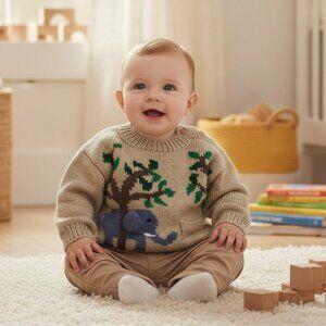 Hand Knit Beige Elephant Tree Sweater 2-4 Years